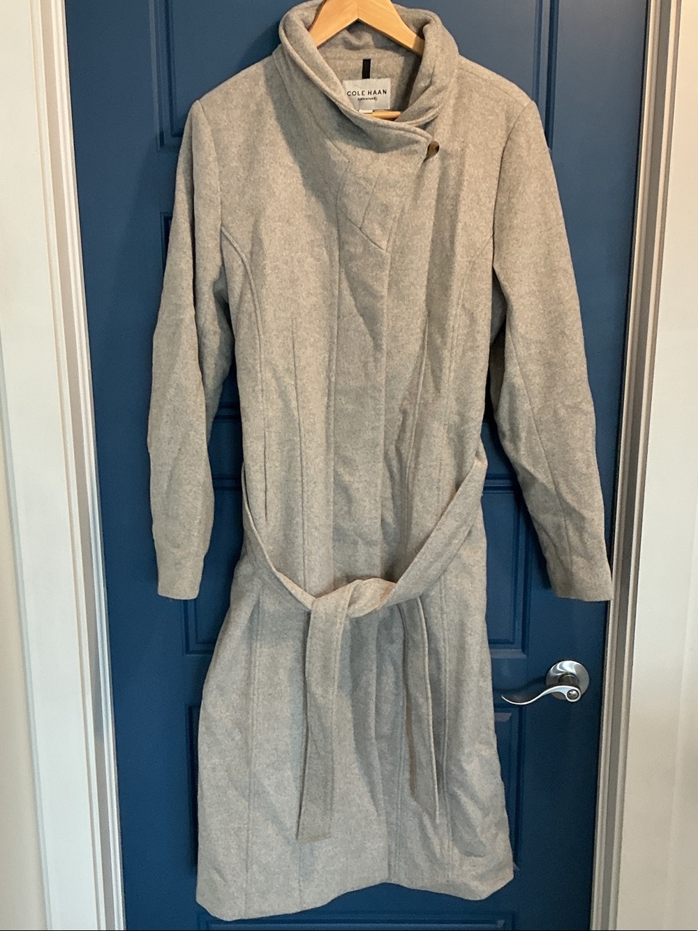 Cole Haan Light Gray Long Sleeve Wrap Coat with Belt